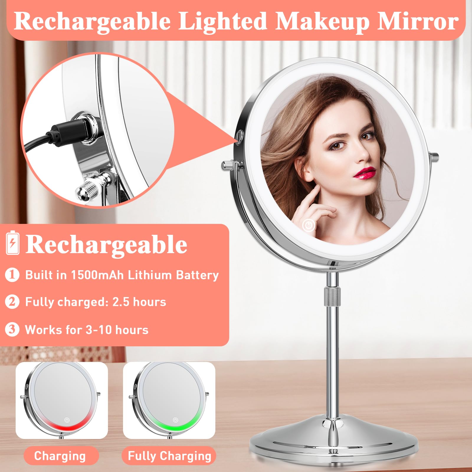 KuMers lighted makeup mirror with USB charging port for travel convenience