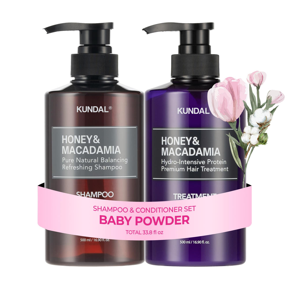 KUNDAL Baby Powder shampoo bottle with ergonomic handle for easy daily use.