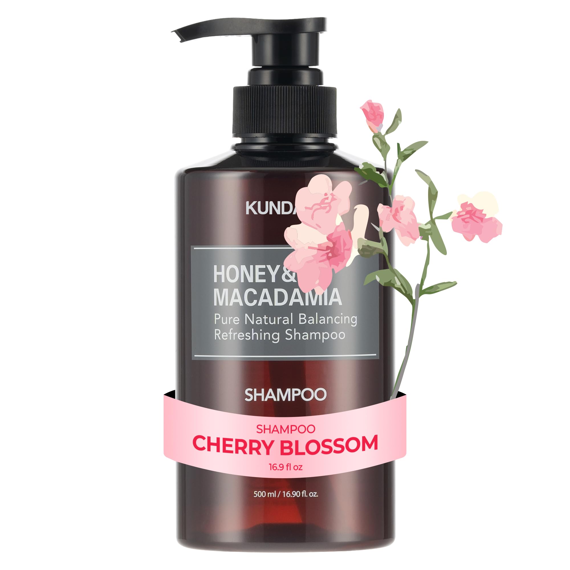 KUNDAL Honey and Macadamia shampoo bottle close-up showing nourishing formula for daily scalp care