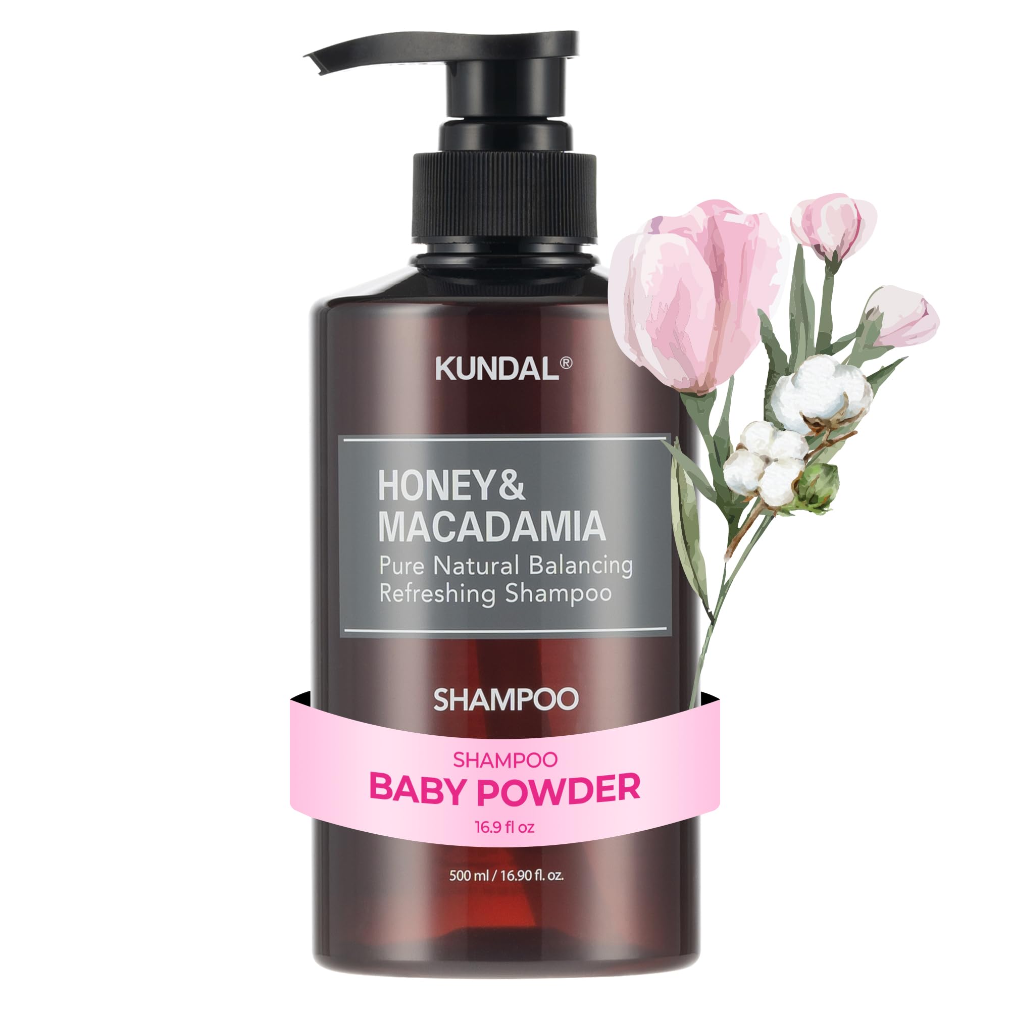 KUNDAL Honey Macadamia shampoo bottle highlights nourishing formula.