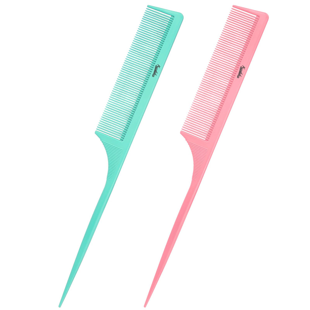 Kunihiko rat-tail comb with green handle for precise parting and anti-static glide.