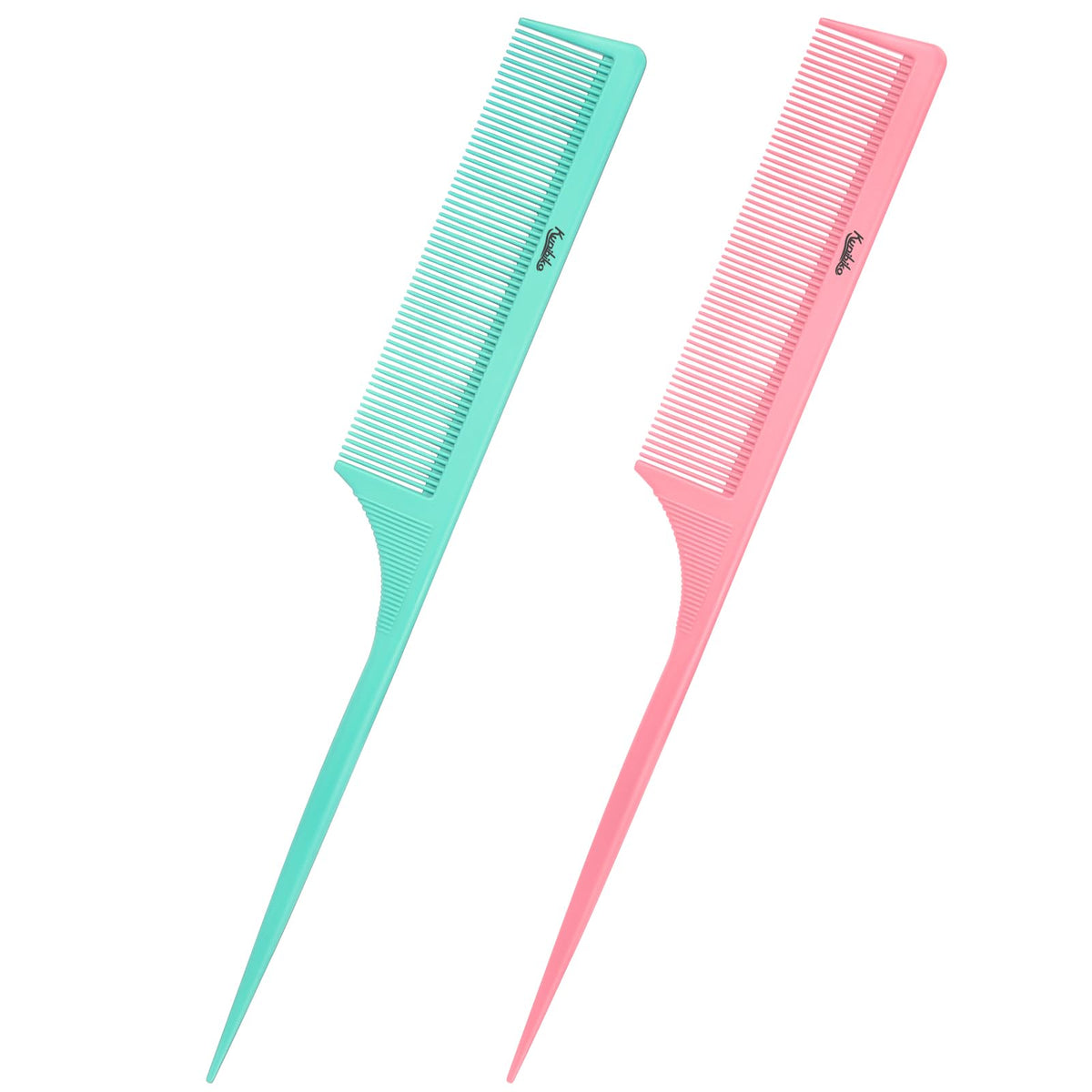 Kunihiko rat-tail comb with green handle for precise parting and anti-static glide.