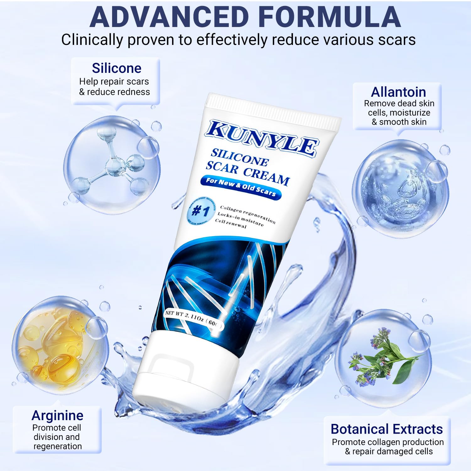 Kunyle Scar Cream ingredients with silicone and allantoin for hydration