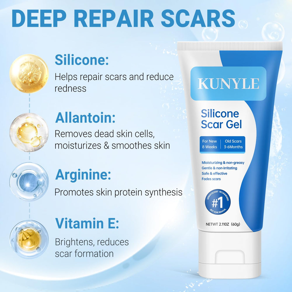 Kunyle silicone scar gel on face demonstrates gentle nourishing care.