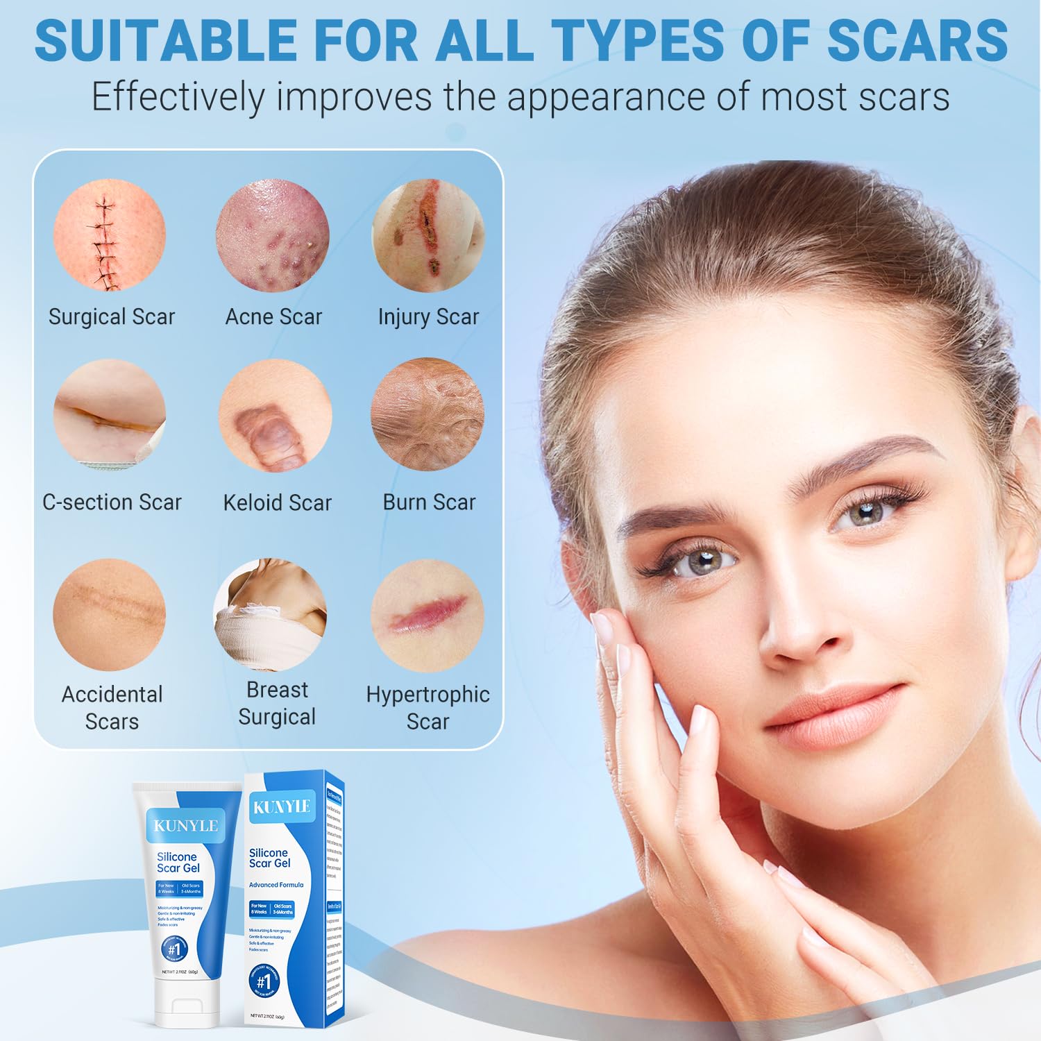 Kunyle scar gel texture close up shows non greasy, lightweight formula.