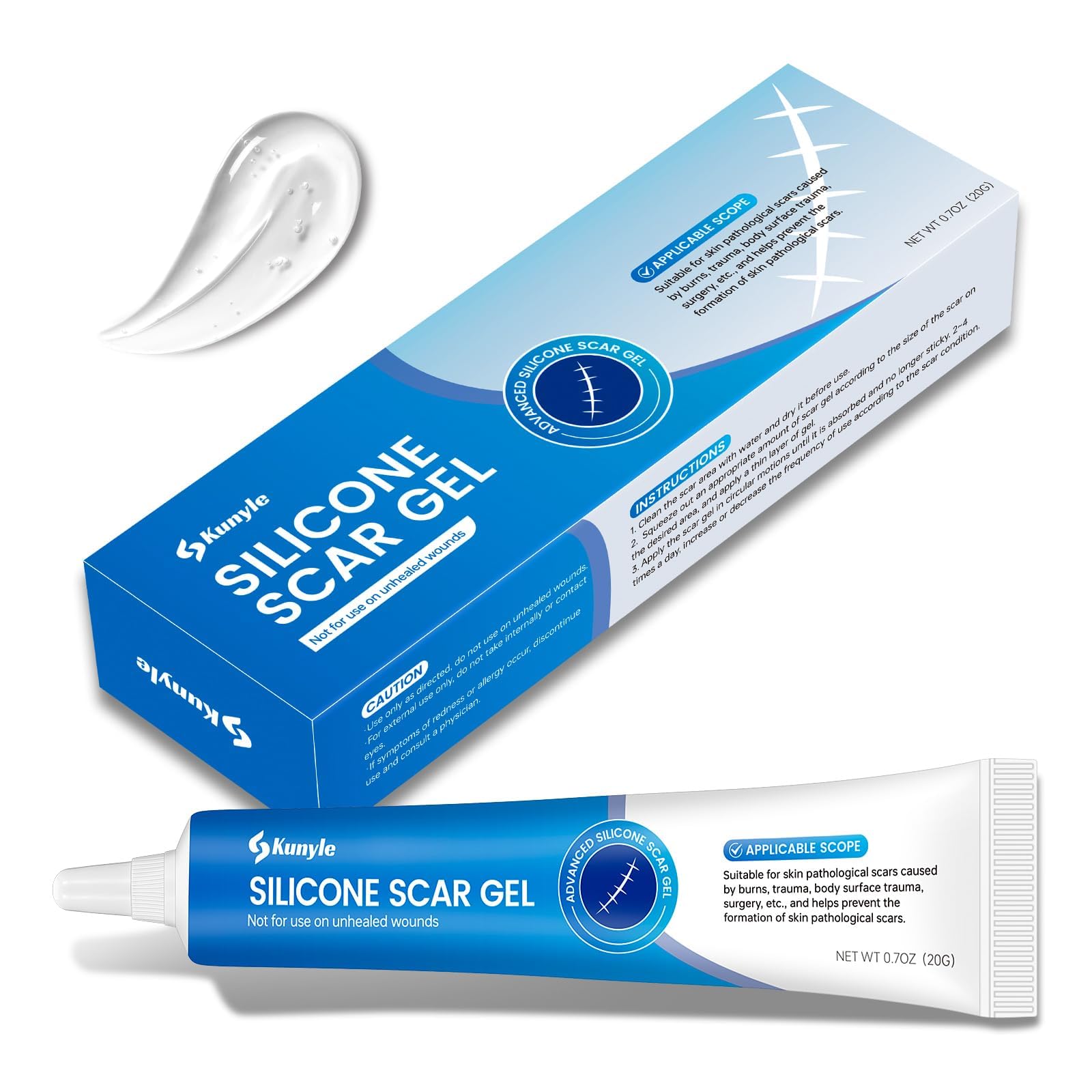 Kunyle silicone scar gel bottle showing non-greasy, fast-absorbing formula