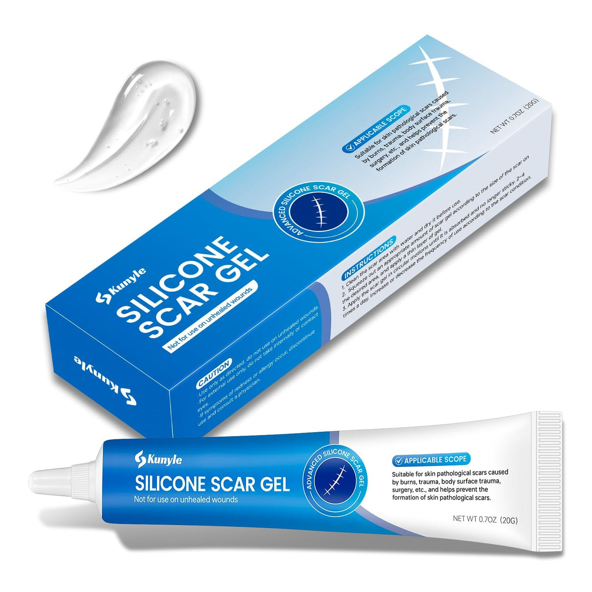 Kunyle silicone scar gel bottle showing non-greasy, fast-absorbing formula