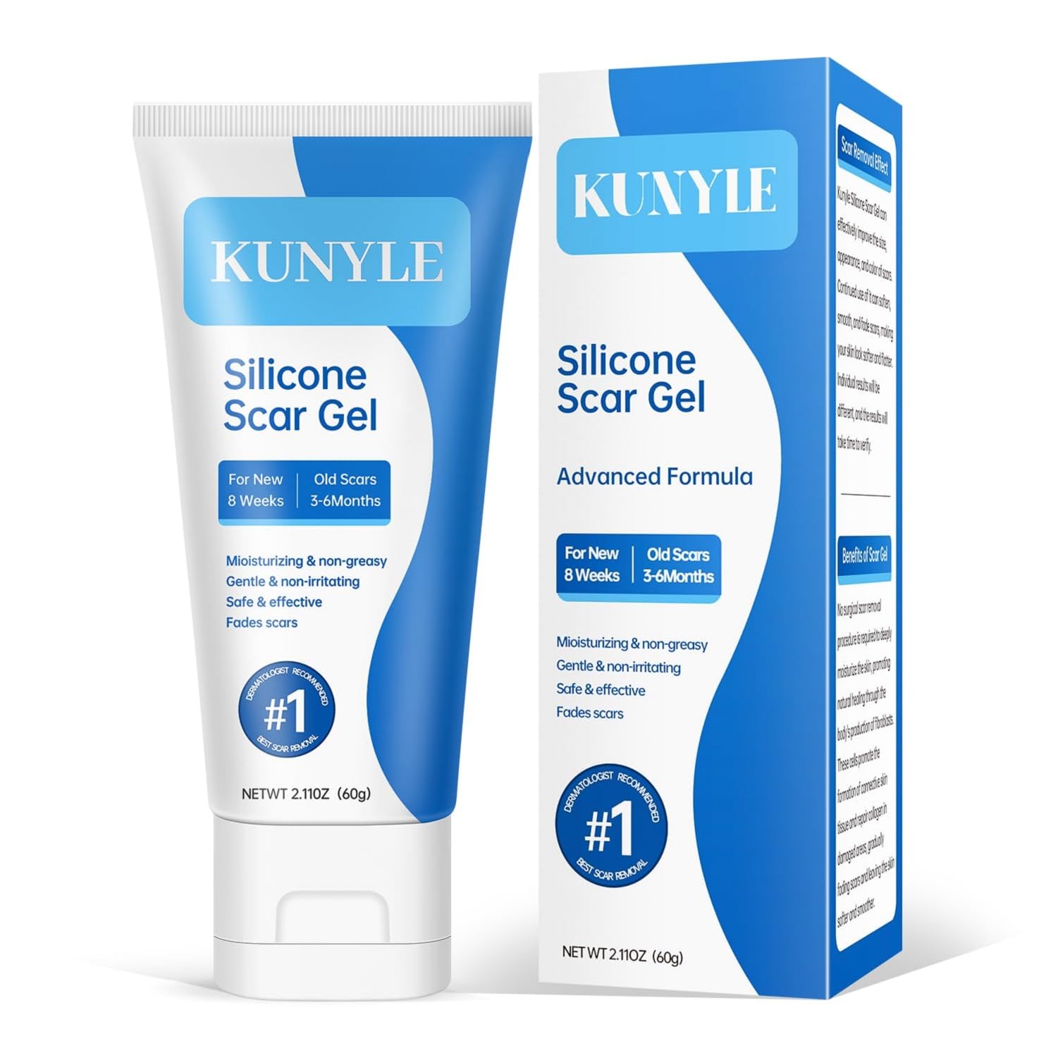 Kunyle silicone scar gel packaging ready for easy on the go scar care.