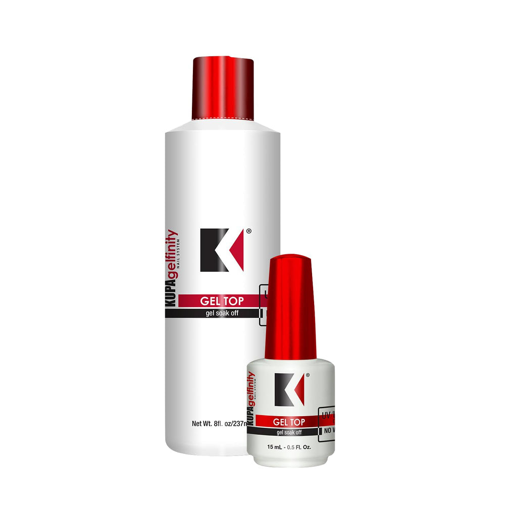 KUPA GelFinity gel topcoat bottle delivers durable high-gloss finish.