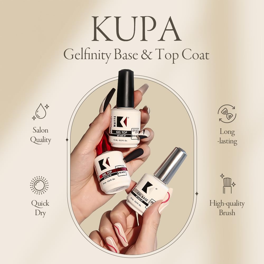 KUPA Gelfinity top coat gloss bottle delivers high-gloss shine that resists chipping.