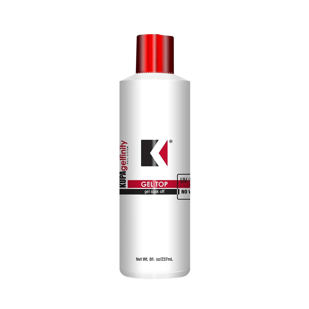 KUPA GelFinity Topcoat 8oz bottle shows long-lasting gloss for gel nails