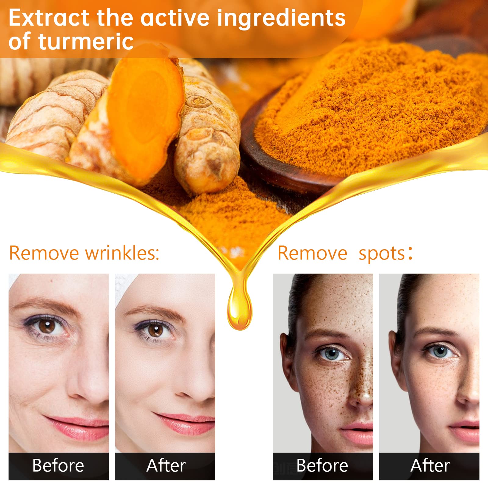 Kurchugo Turmeric Serum closeup ingredients highlights turmeric and olive oil for nourishment.