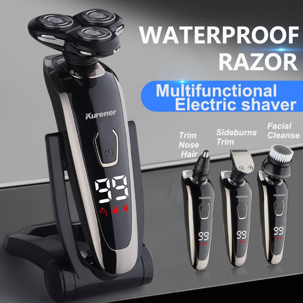 Kurener electric razor shown for wet and dry use with flexible grooming options
