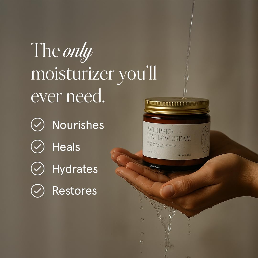 KUSHI ingredients panel highlights two-ingredient formula with beef tallow and lavender.