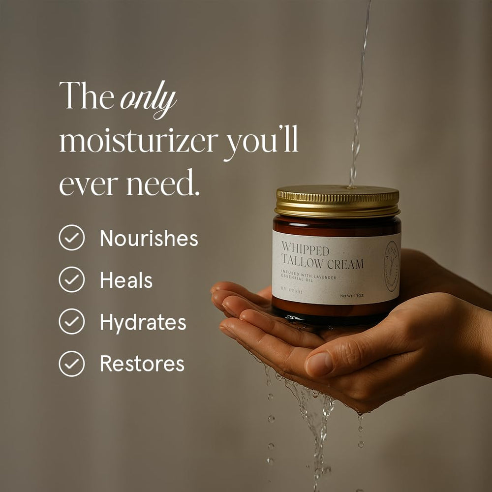 KUSHI ingredients panel highlights two-ingredient formula with beef tallow and lavender.