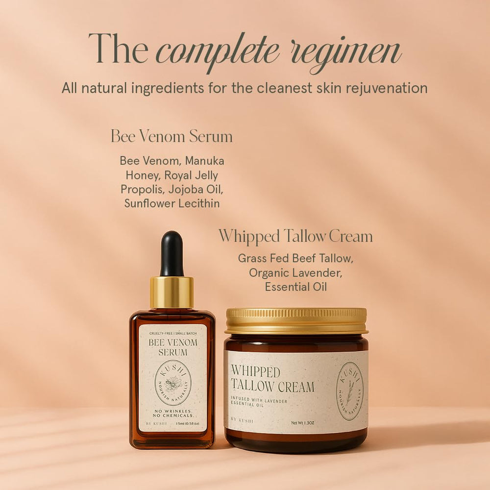 KUSHI lavender flower and cream pairing suggests natural, soothing skincare routine.