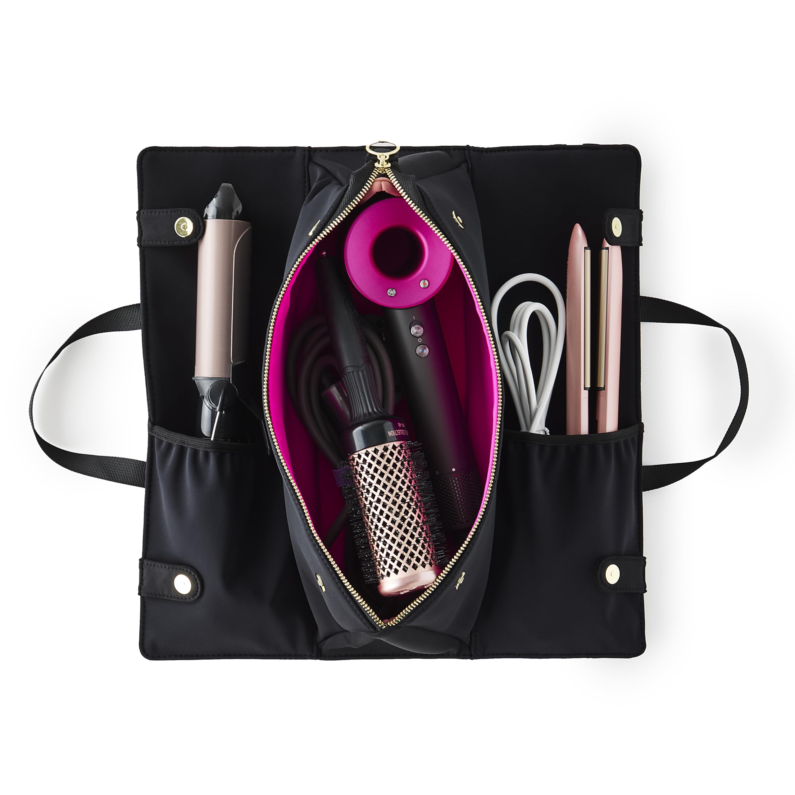 KUSSHI hair tools bag in black front view demonstrates protective neoprene and organized storage.