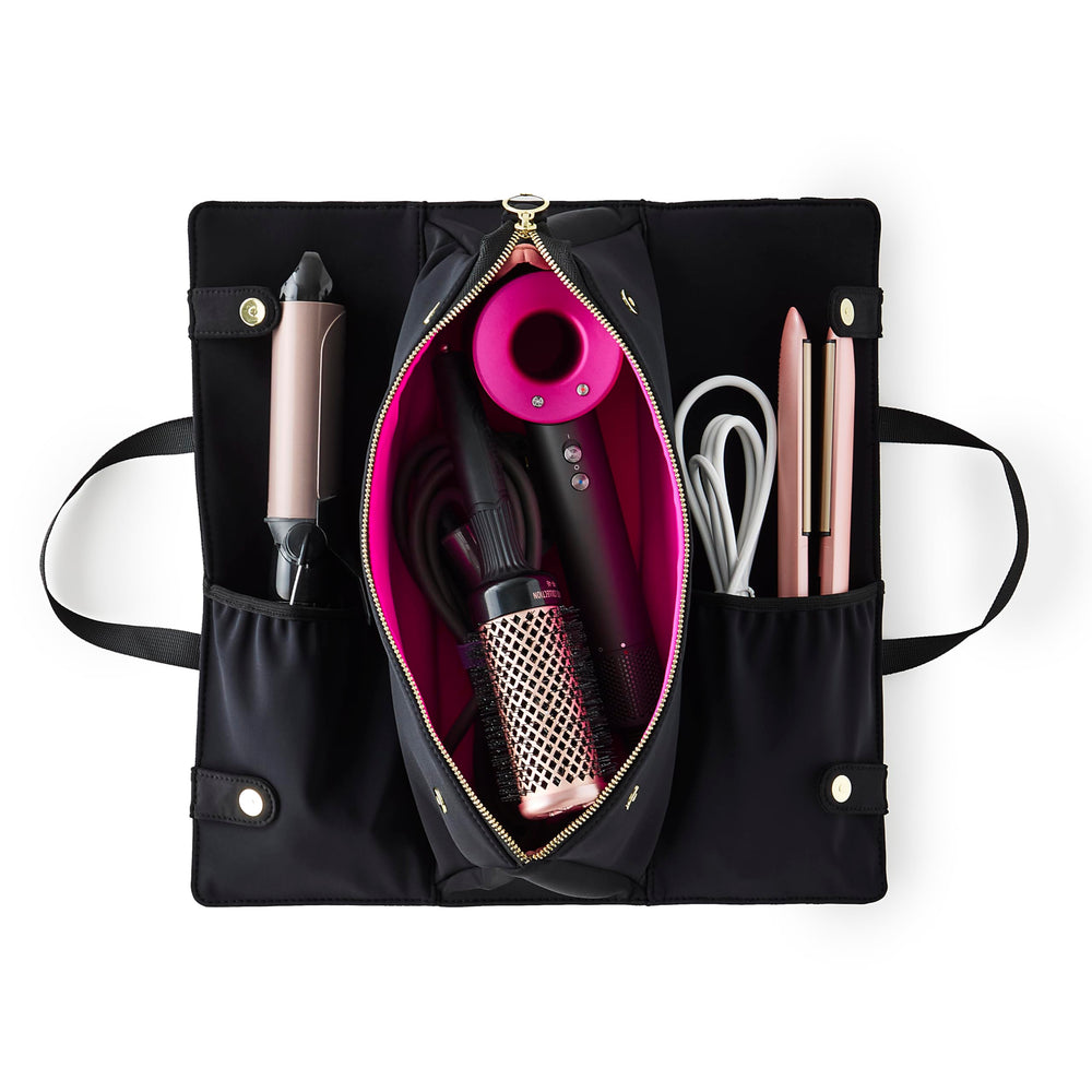 KUSSHI hair tools bag in black front view demonstrates protective neoprene and organized storage.
