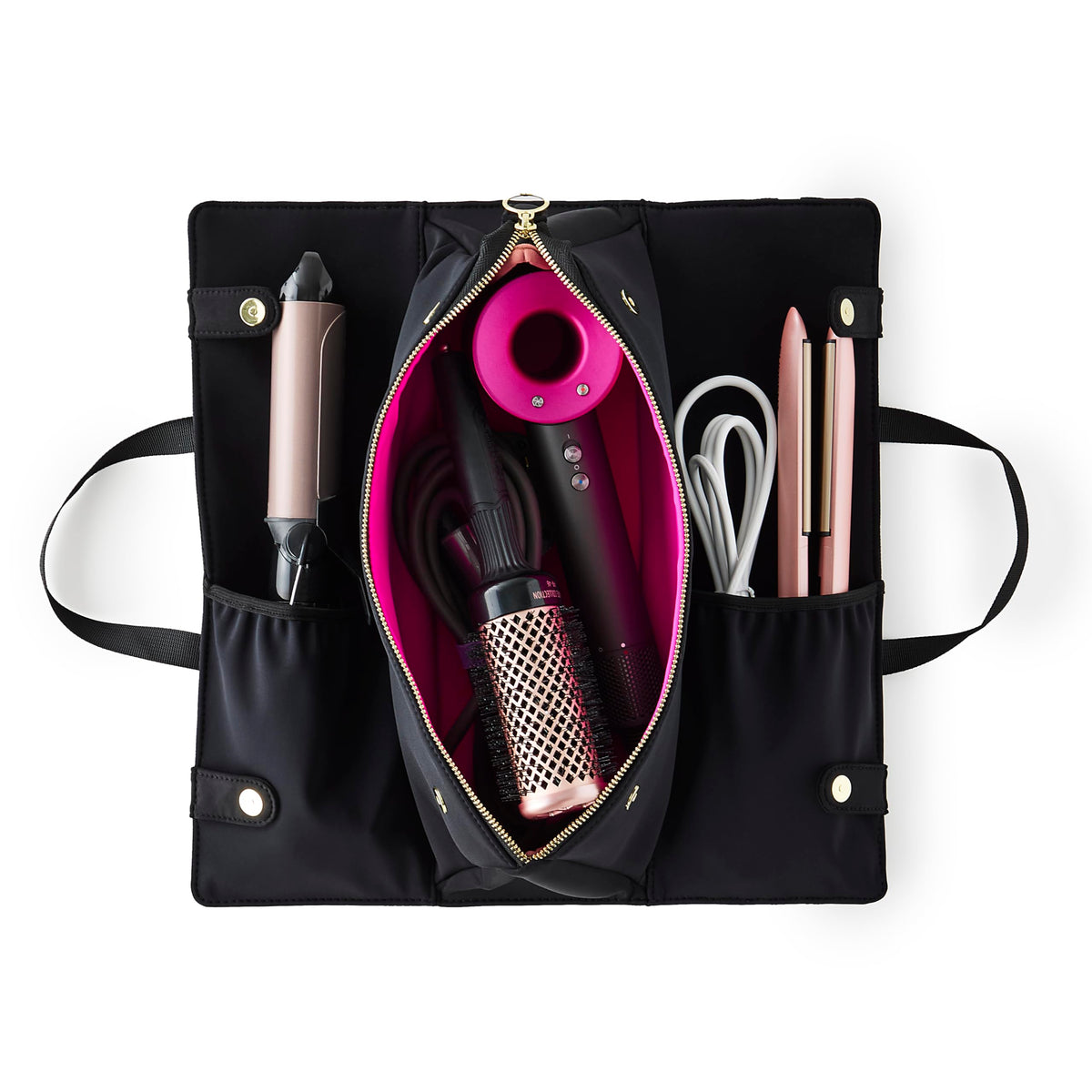 KUSSHI hair tools bag in black front view demonstrates protective neoprene and organized storage.