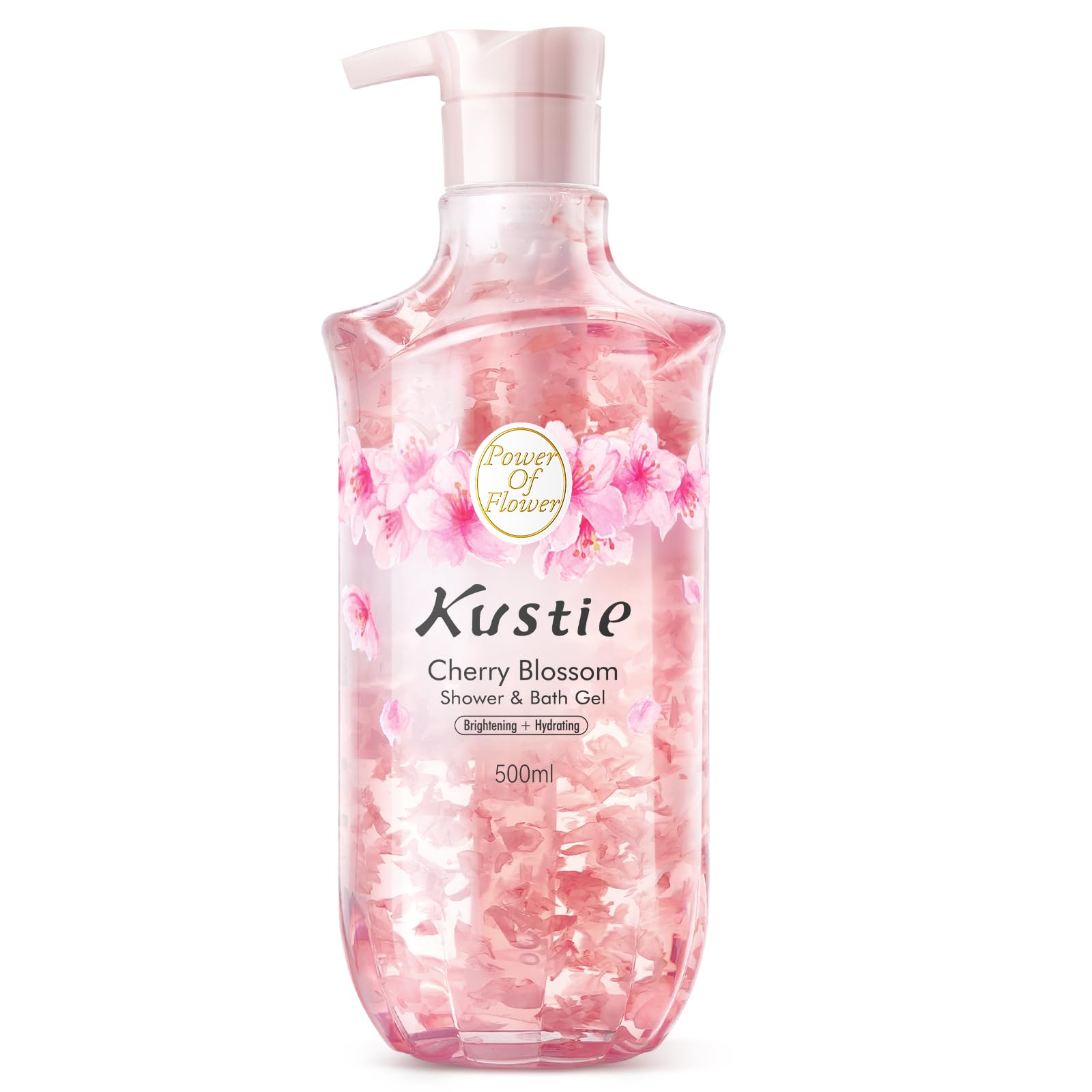 Kustie Cherry Blossom Body Wash bottle with petals for a spa-like bath.