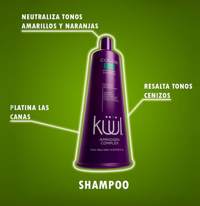 KUUL Matizant Shampoo lather closeup shows purple pigments neutralizing yellow tones for ash results.