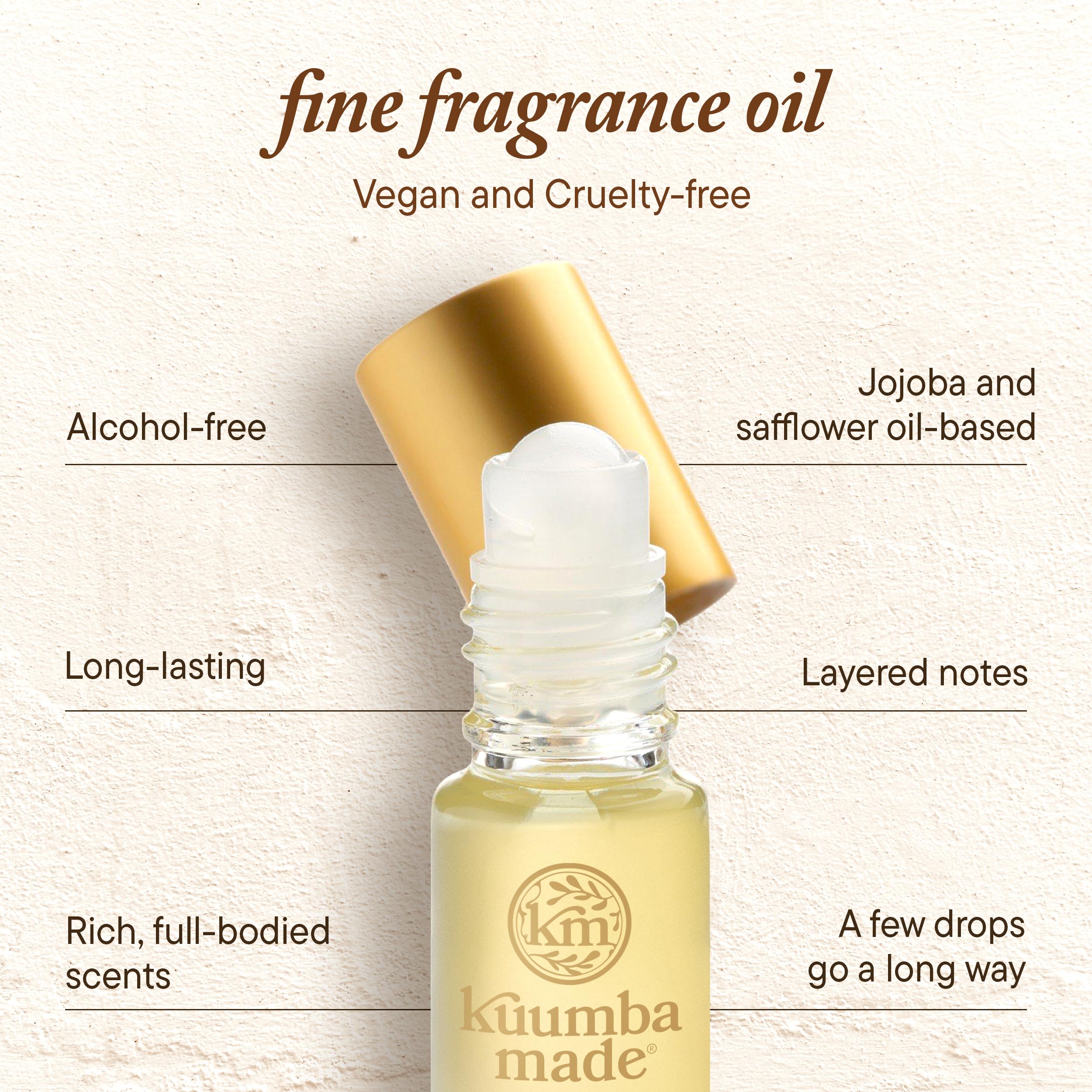 Kuumba Made Vanilla Bean ingredients image showcases alcohol-free jojoba base for skin-friendly scent.