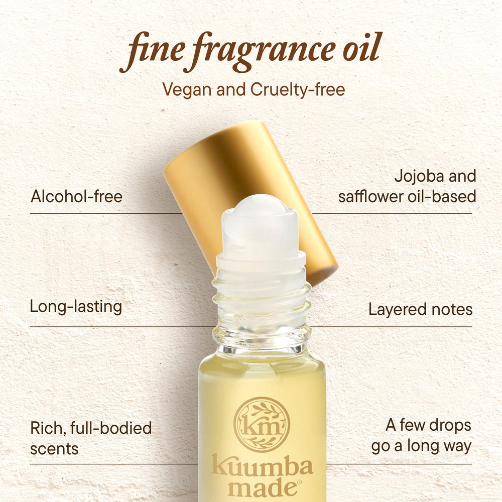Kuumba Made Vanilla Bean ingredients image showcases alcohol-free jojoba base for skin-friendly scent.