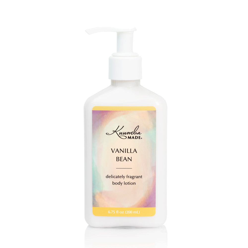 Kuumba Made Vanilla Bean Body Lotion bottle with pump for easy daily hydration.