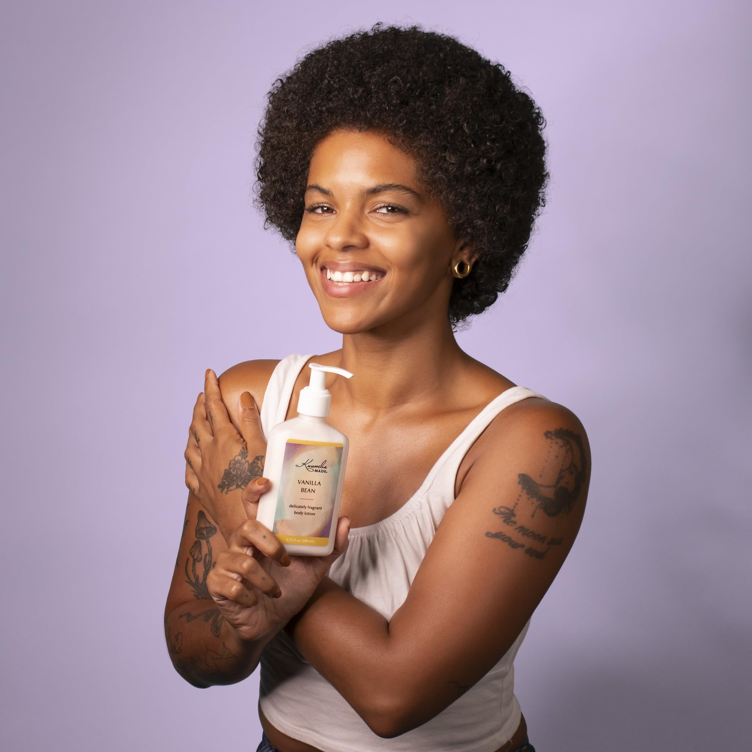 Kuumba Made Vanilla Bean Lotion pump close-up highlighting the dispenser for mess-free application.