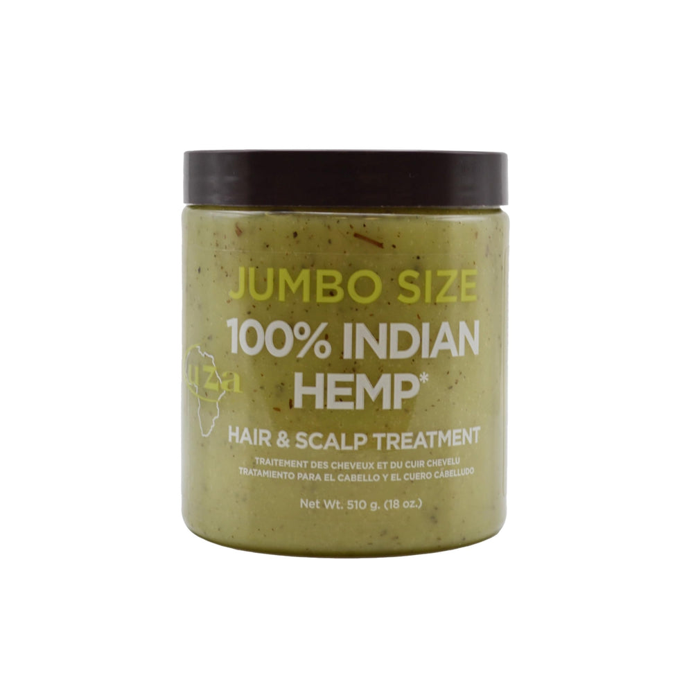 Kuza hemp hair treatment bottle close-up shows nourishing oils for scalp health.