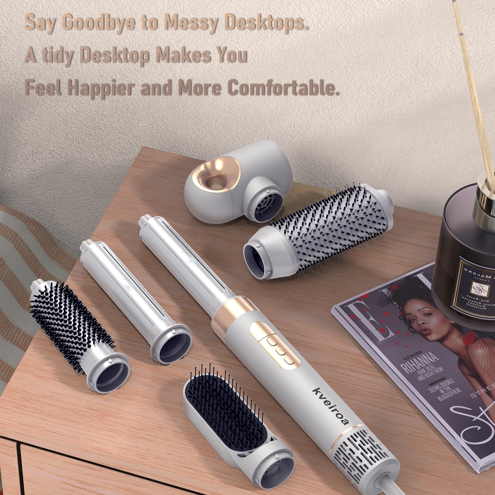 Kveiroa ceramic-coated knot-free brush head for even heat distribution.