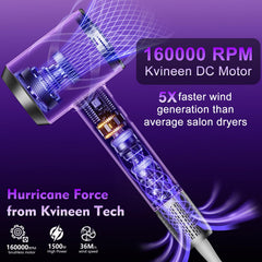 KVINEEN hair dryer 160000-rpm motor highlights fast-drying performance with efficient heat use.