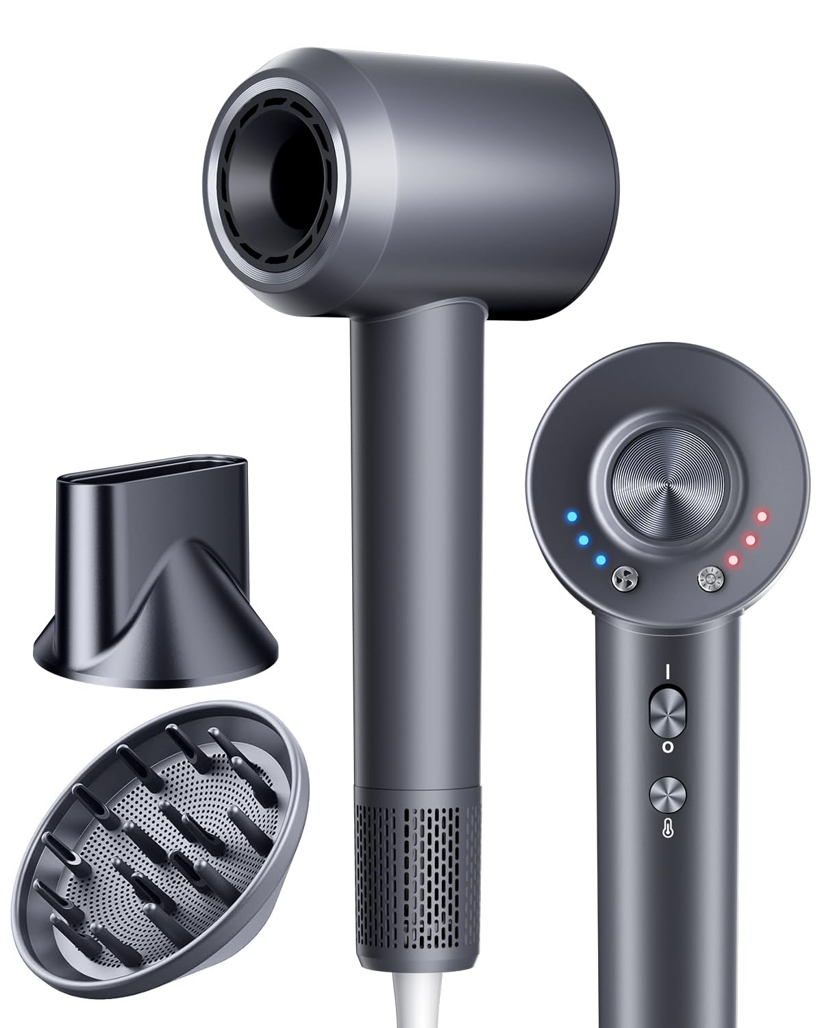 KVINEEN hair dryer front view in frosted gray, compact and travel-friendly for quick styling.