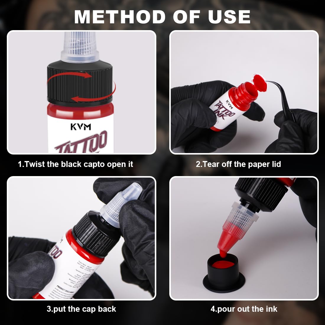 KVM Tattoo Ink PET bottles packaging highlights easy storage and reuse after opening