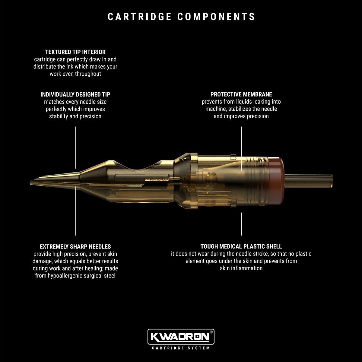 Kwadron stabilizing system cartridge enhances accuracy during tattooing.