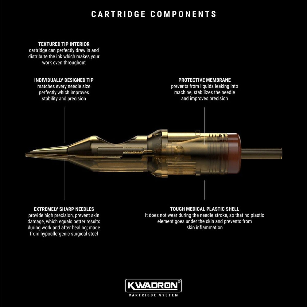 Kwadron cartridge with stabilizing system boosts accuracy during tattoo sessions.