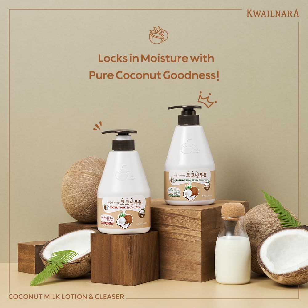 Kwailnara Coconut Milk Body Lotion bottle close-up highlighting quick absorption and silky skin
