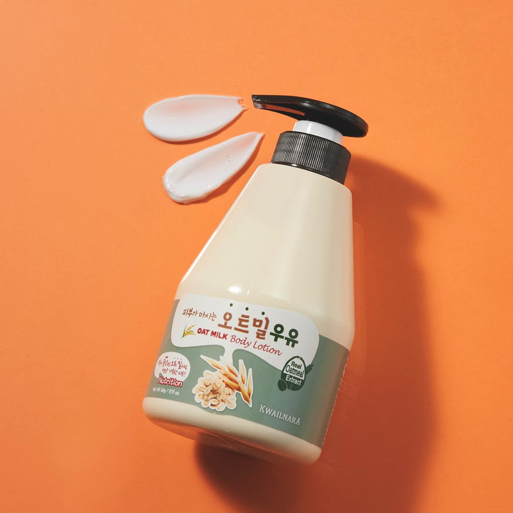 Kwailnara Oat Milk Body Lotion flat lay showcases product texture and packaging