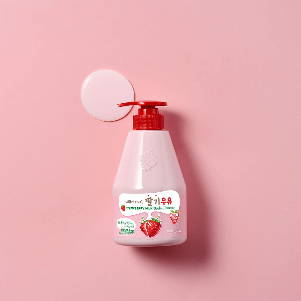 Kwailnara Strawberry Milk Body Wash ingredients montage implies safe, dermatologically tested formula.