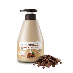 Kwailnara WELCOS Coffee Milk Lotion bottle front emphasizes energizing hydration for mornings