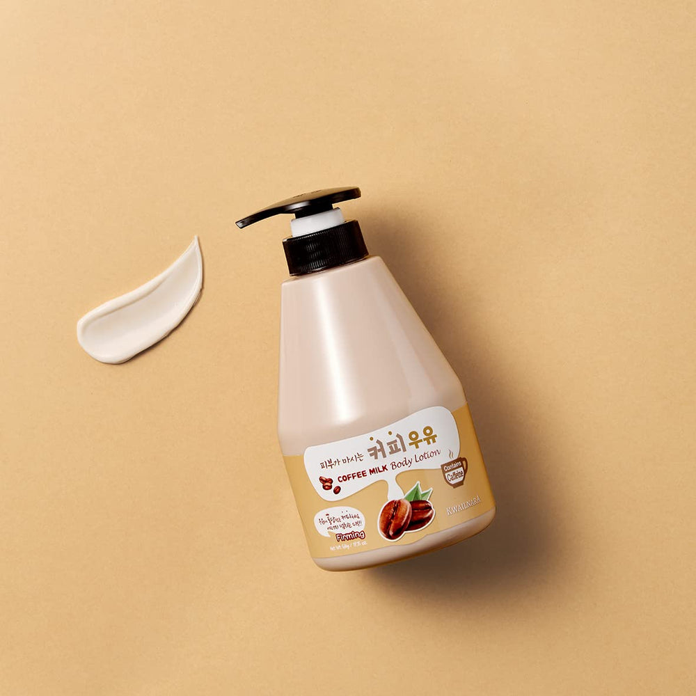 Kwailnara WELCOS Coffee Milk Lotion on bathroom shelf suggests daily self-care ritual
