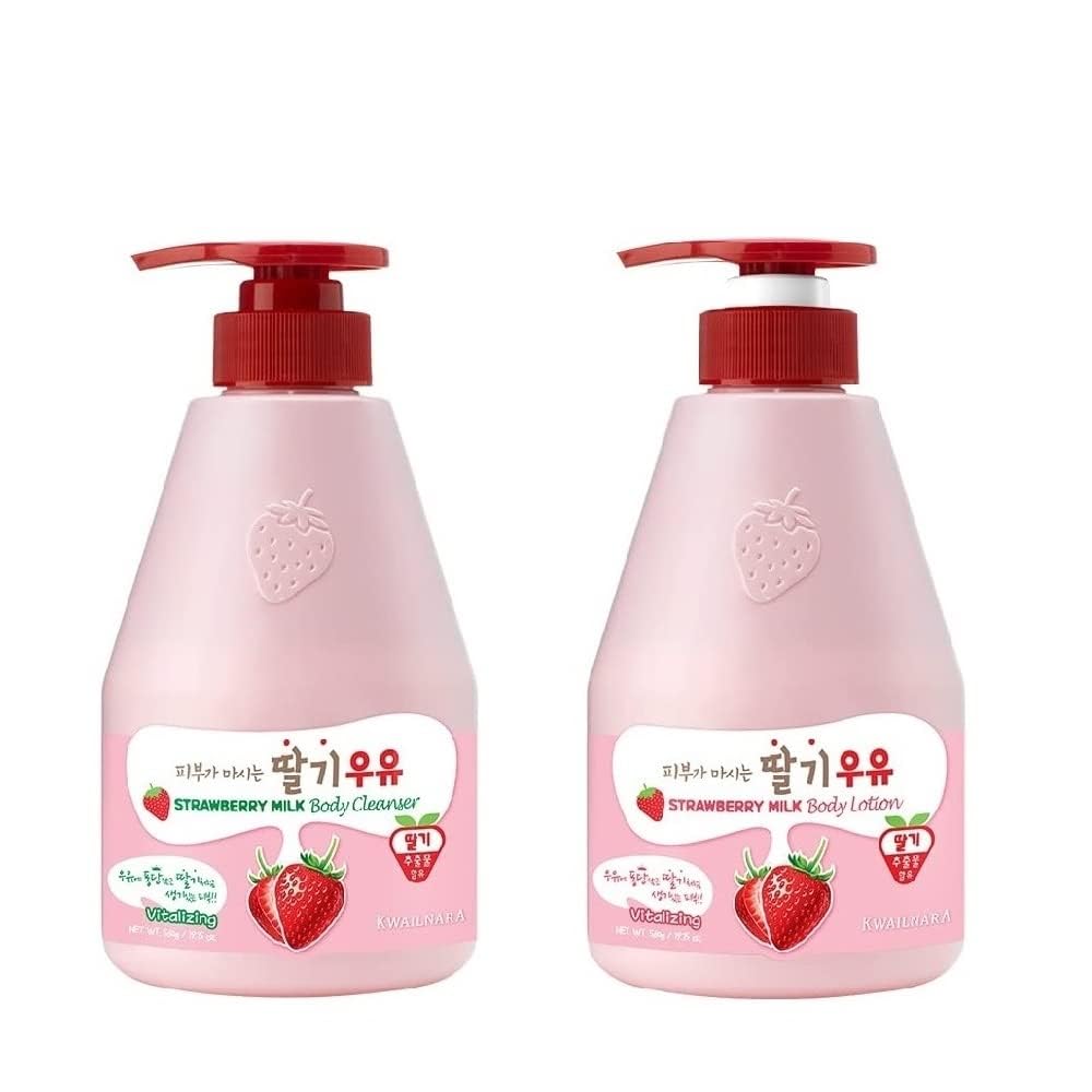 Kwailnara WELCOS Strawberry Milk Body Wash bottle pour for smooth daily cleansing