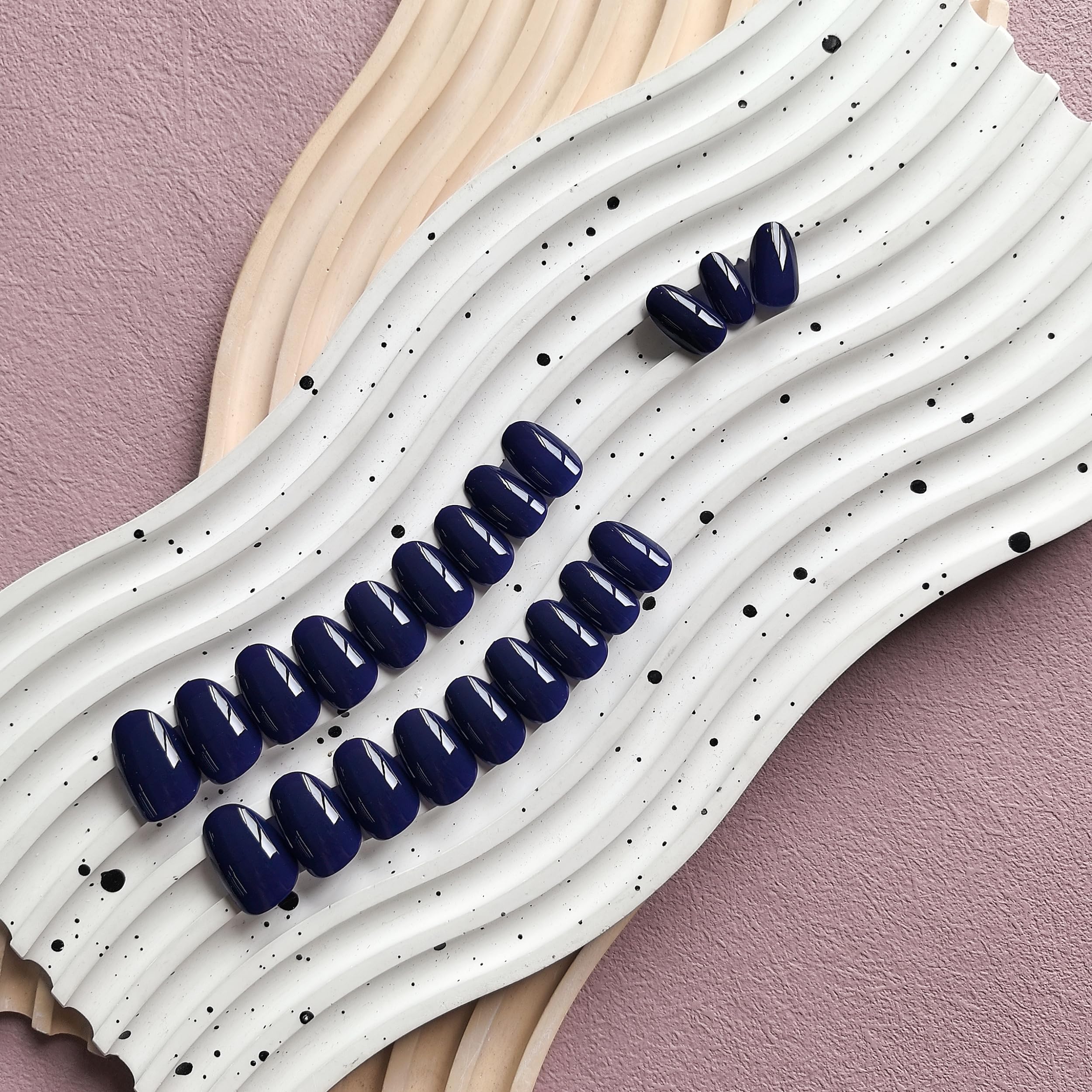 KXAMELIE navy blue press-on nails length comparison for short almond style