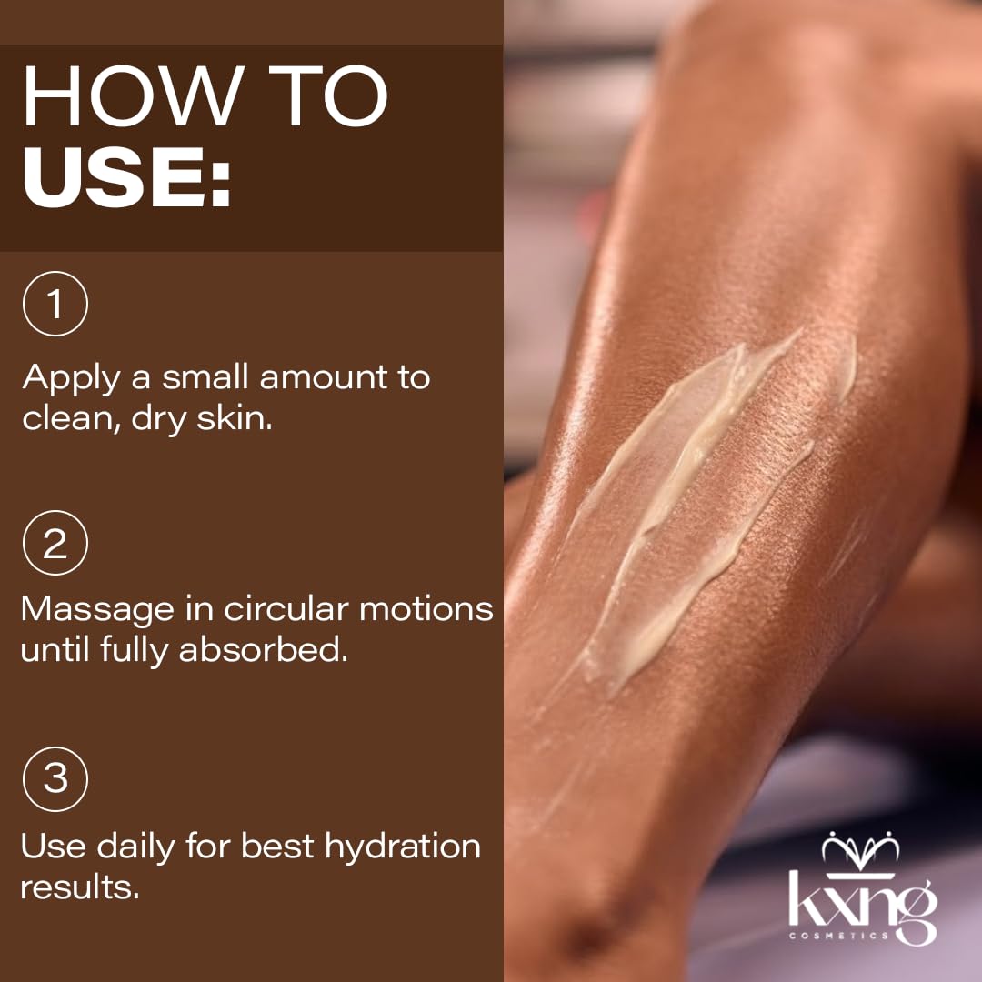 KXNG Cosmetics Organic Shea Body Butter being applied to arms for moisturization.