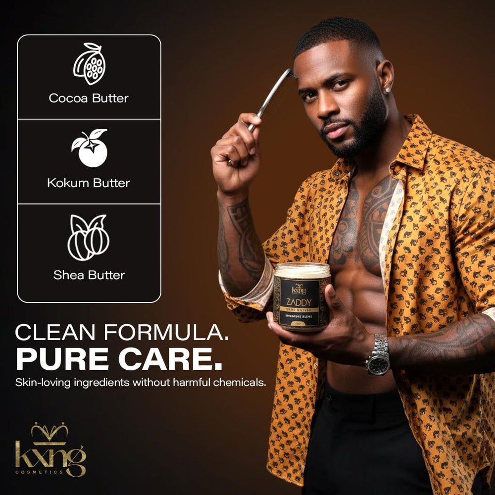 KXNG Cosmetics Organic Shea Body Butter cream on hands for daily moisturization.
