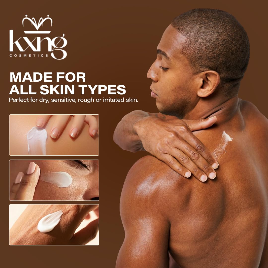 KXNG Cosmetics Organic Shea Body Butter ingredients map highlights natural oils.