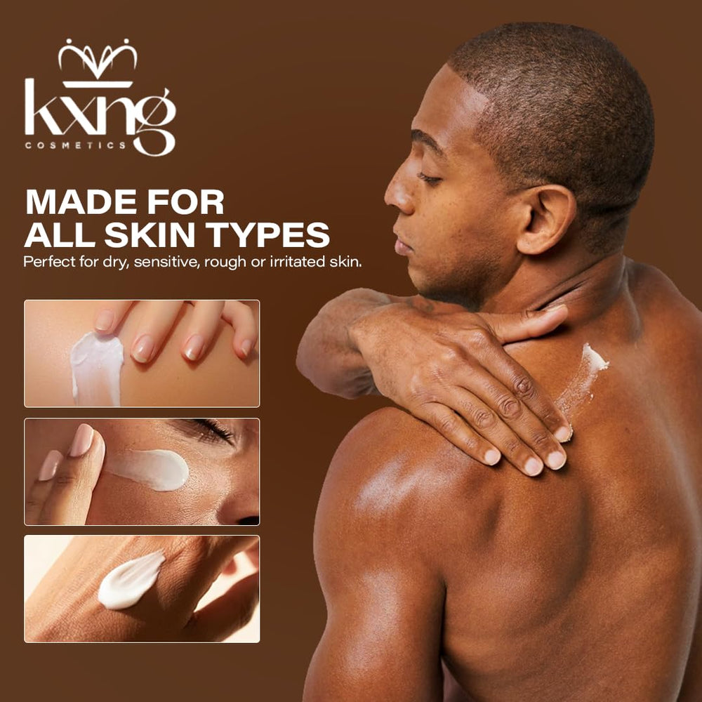 KXNG Cosmetics Organic Shea Body Butter ingredients map highlights natural oils.