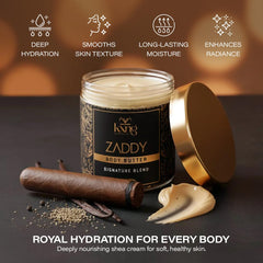 KXNG Cosmetics Organic Shea Body Butter texture closeup reveals creamy consistency.