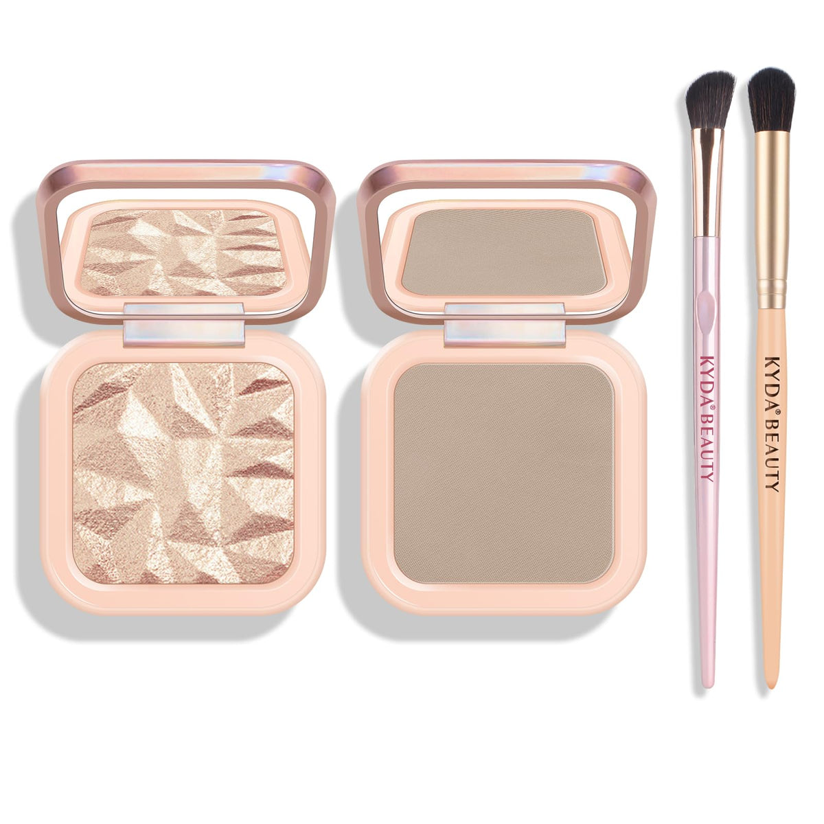 KYDA baked highlighter contour palette shows champagne glow for radiant facial highlights.