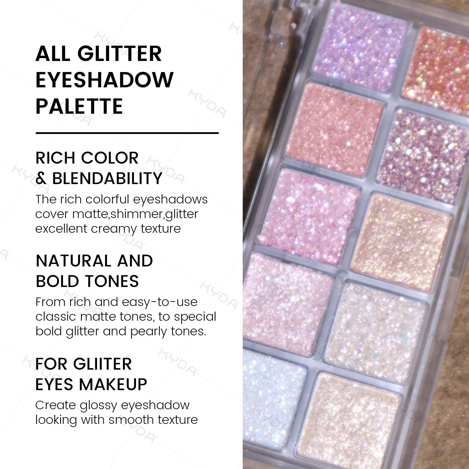 KYDA glitter eyeshadow palette swatch row highlights rich pigment for bold, shimmering effects